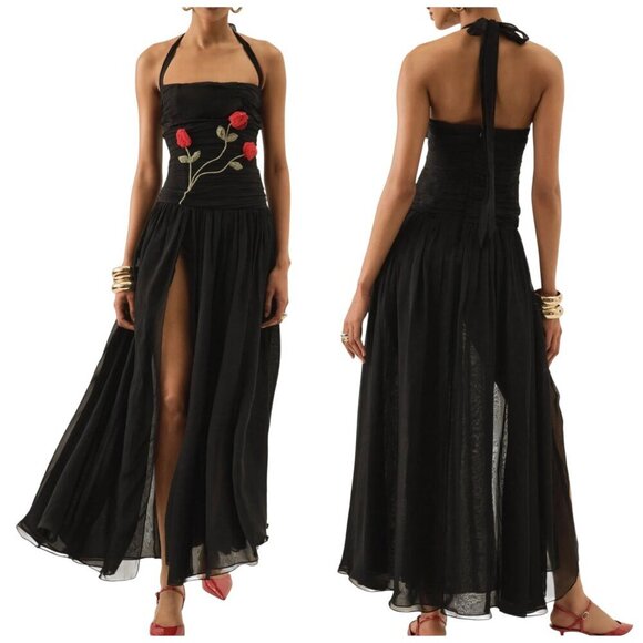 For Love And Lemons Dresses & Skirts - For Love & Lemons Ophelie Organza Maxi Dress NWT Black Floral Halter L